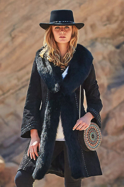 Felicity Suede Leather Coat with Fox Fur Trim