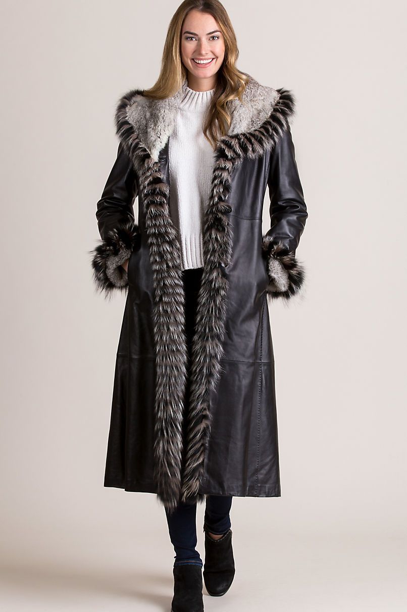 Renata Full-Length Lambskin Leather Coat with Rex Rabbit Fur Collar