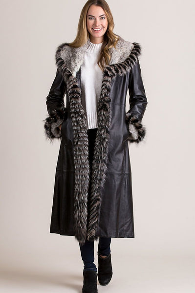 Renata Full-Length Lambskin Leather Coat with Rex Rabbit Fur Collar
