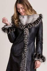 Renata Full-Length Lambskin Leather Coat with Rex Rabbit Fur Collar