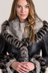 Renata Full-Length Lambskin Leather Coat with Rex Rabbit Fur Collar