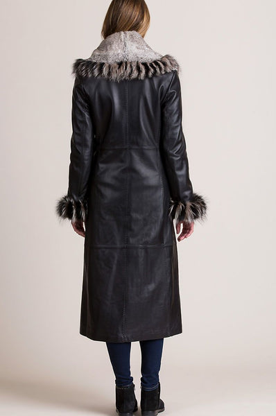 Renata Full-Length Lambskin Leather Coat with Rex Rabbit Fur Collar