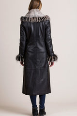 Renata Full-Length Lambskin Leather Coat with Rex Rabbit Fur Collar