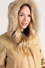 Dana Italian Calfskin Leather Coat with Coyote Fur Trim and Detachable Hood
