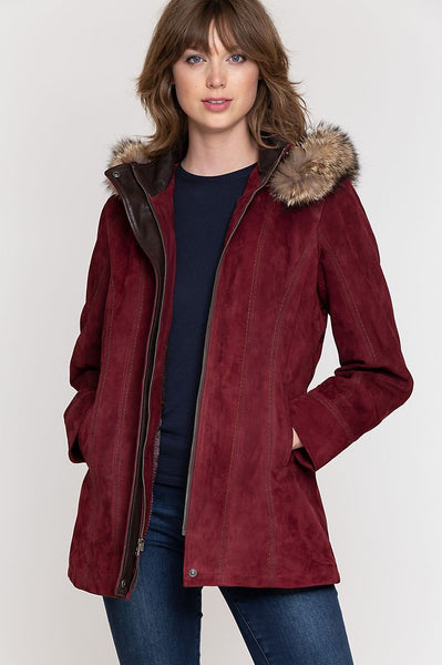 Dana Italian Lambskin Suede Coat with Coyote Fur Trim and Detachable Hood