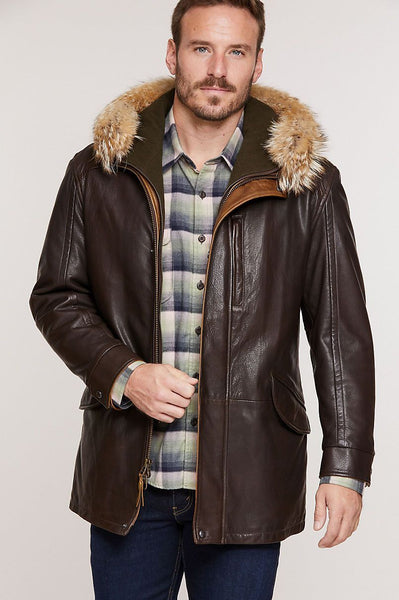 Calgary Lambskin Leather Coat with Coyote Fur Trim and Detachable Hood
