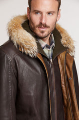 Calgary Lambskin Leather Coat with Coyote Fur Trim and Detachable Hood
