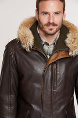 Calgary Lambskin Leather Coat with Coyote Fur Trim and Detachable Hood