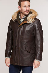 Calgary Lambskin Leather Coat with Coyote Fur Trim and Detachable Hood
