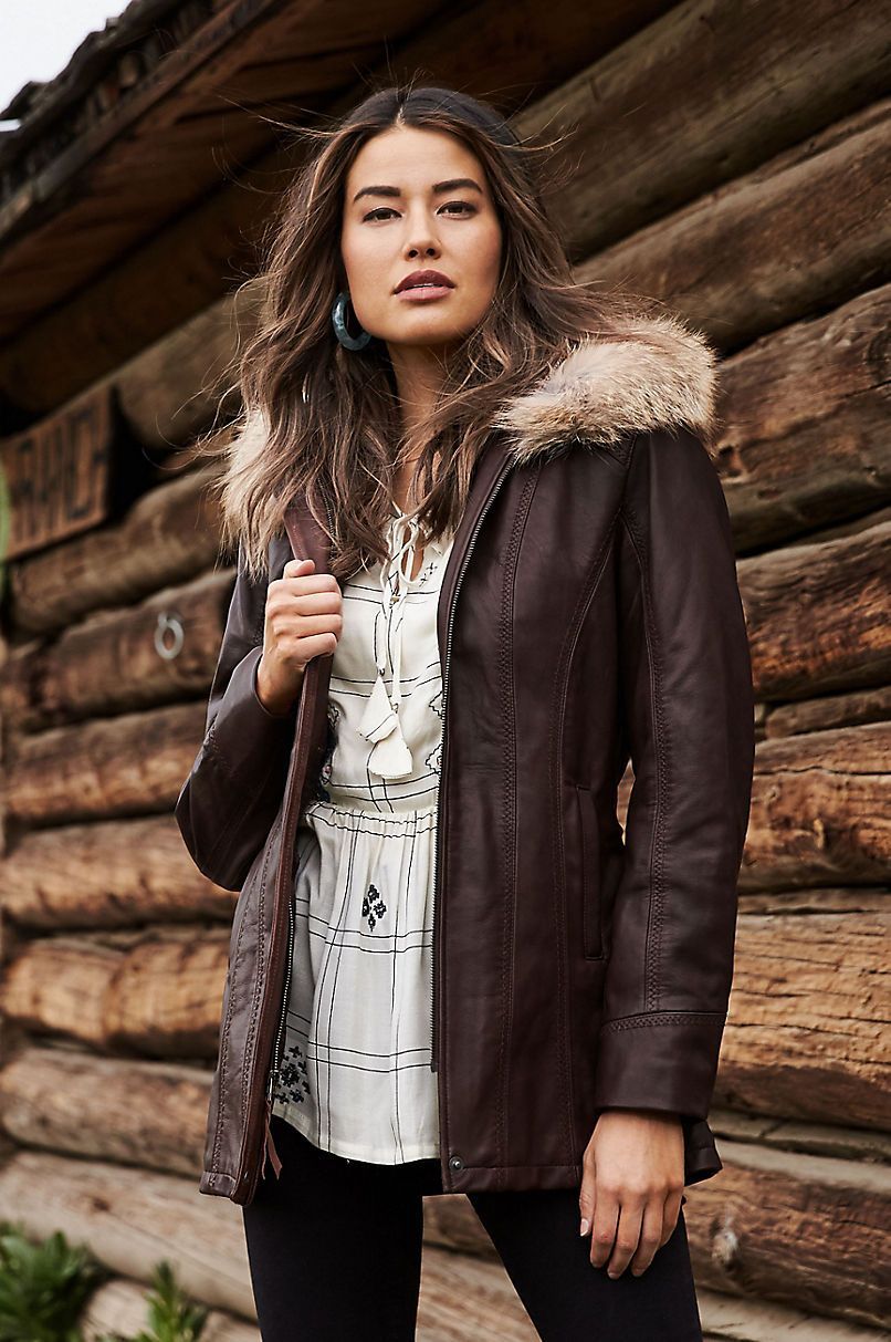 Dana African Lambskin Leather Coat with Coyote Fur Trim and Detachable Hood