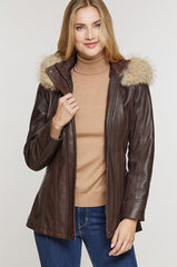 Dana African Lambskin Leather Coat with Coyote Fur Trim and Detachable Hood