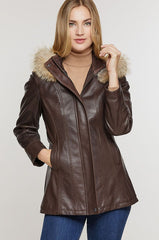 Dana African Lambskin Leather Coat with Coyote Fur Trim and Detachable Hood