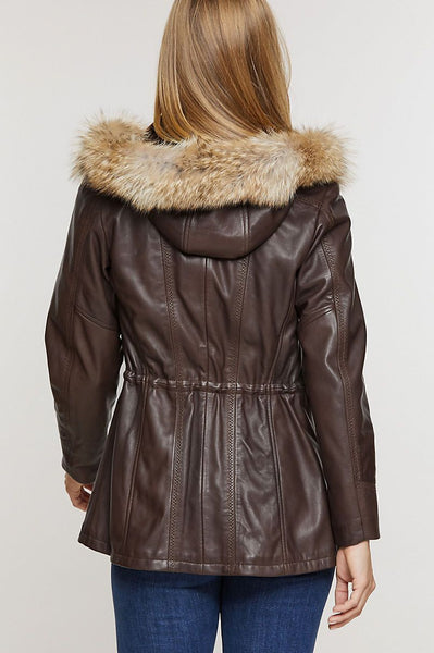 Dana African Lambskin Leather Coat with Coyote Fur Trim and Detachable Hood