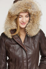 Dana African Lambskin Leather Coat with Coyote Fur Trim and Detachable Hood
