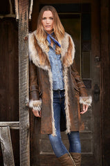 Georgia Distressed Lambskin Leather Coat with Coyote Fur Trim