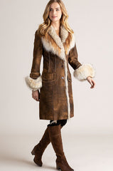 Georgia Distressed Lambskin Leather Coat with Coyote Fur Trim