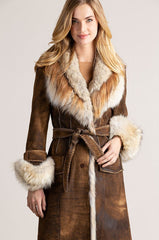 Georgia Distressed Lambskin Leather Coat with Coyote Fur Trim