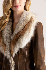 Georgia Distressed Lambskin Leather Coat with Coyote Fur Trim