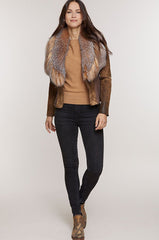 Savannah Distressed Lambskin Leather Jacket with Fox Fur Trim and Goat Hair Collar