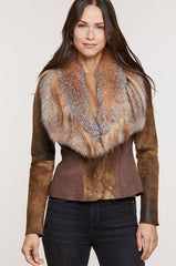 Savannah Distressed Lambskin Leather Jacket with Fox Fur Trim and Goat Hair Collar