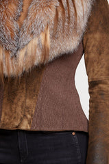 Savannah Distressed Lambskin Leather Jacket with Fox Fur Trim and Goat Hair Collar