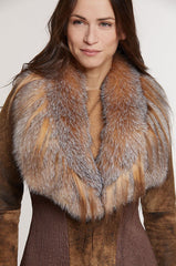 Savannah Distressed Lambskin Leather Jacket with Fox Fur Trim and Goat Hair Collar