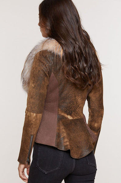 Savannah Distressed Lambskin Leather Jacket with Fox Fur Trim and Goat Hair Collar
