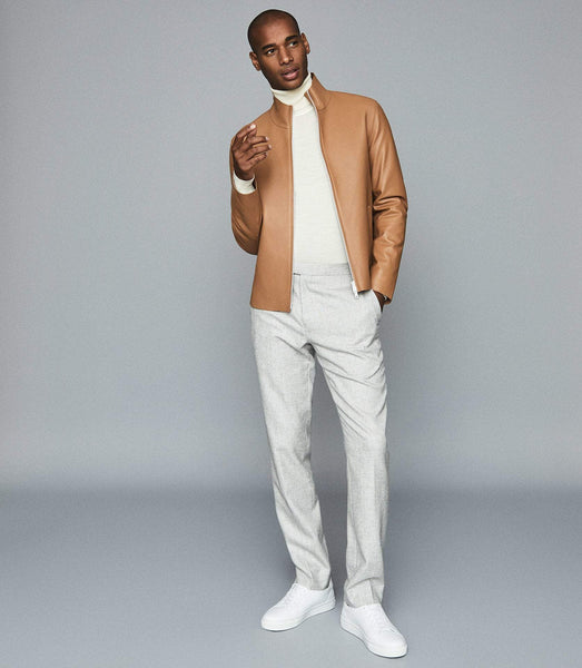 LEATHER FUNNEL NECK JACKET